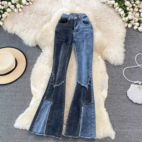 Color Matching Fashionable Elegant Bell-bottom Pants Jeans High Waist Slim Fit Slimming