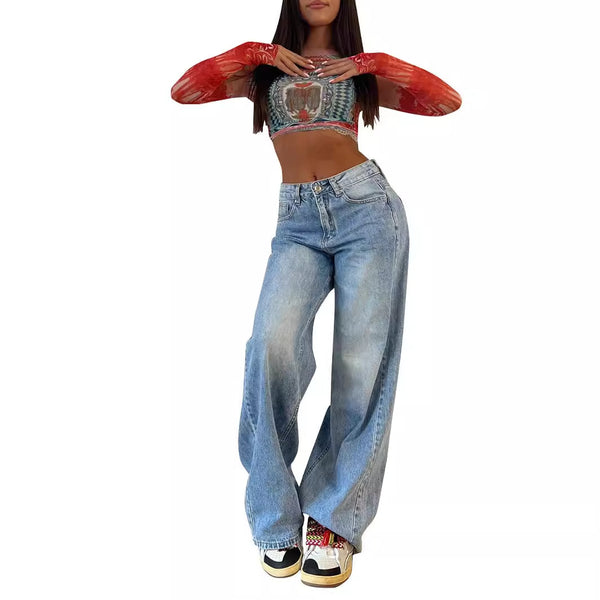 New Retro American-style Long Wide-leg Hot Girl Loose Jeans For Women