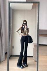 Color Matching Fashionable Elegant Bell-bottom Pants Jeans High Waist Slim Fit Slimming